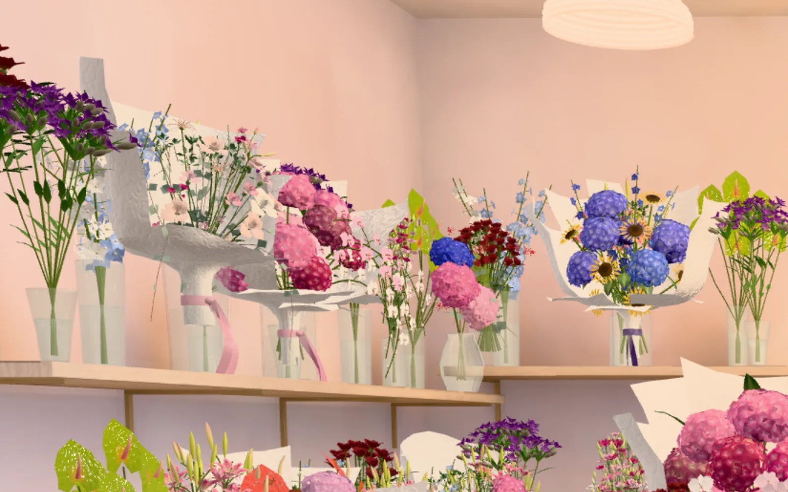 Close view of 3D bouquets of hydrangeas, sunflowers and wild flowers in glass vases on a shelf.
