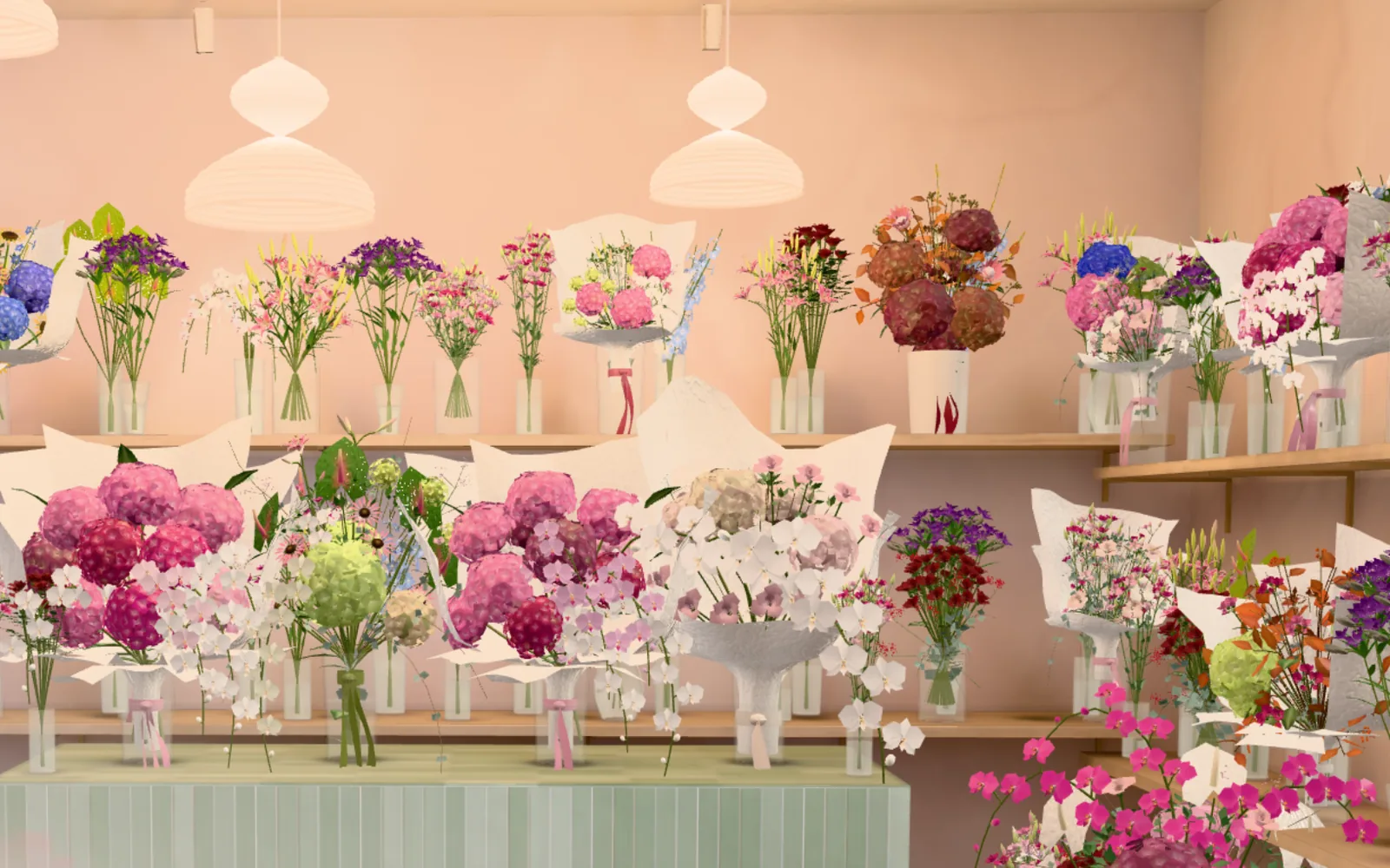 A modelled flower studio with rows of 3D bouquets on wooden shelves and a pale green tiled counter.