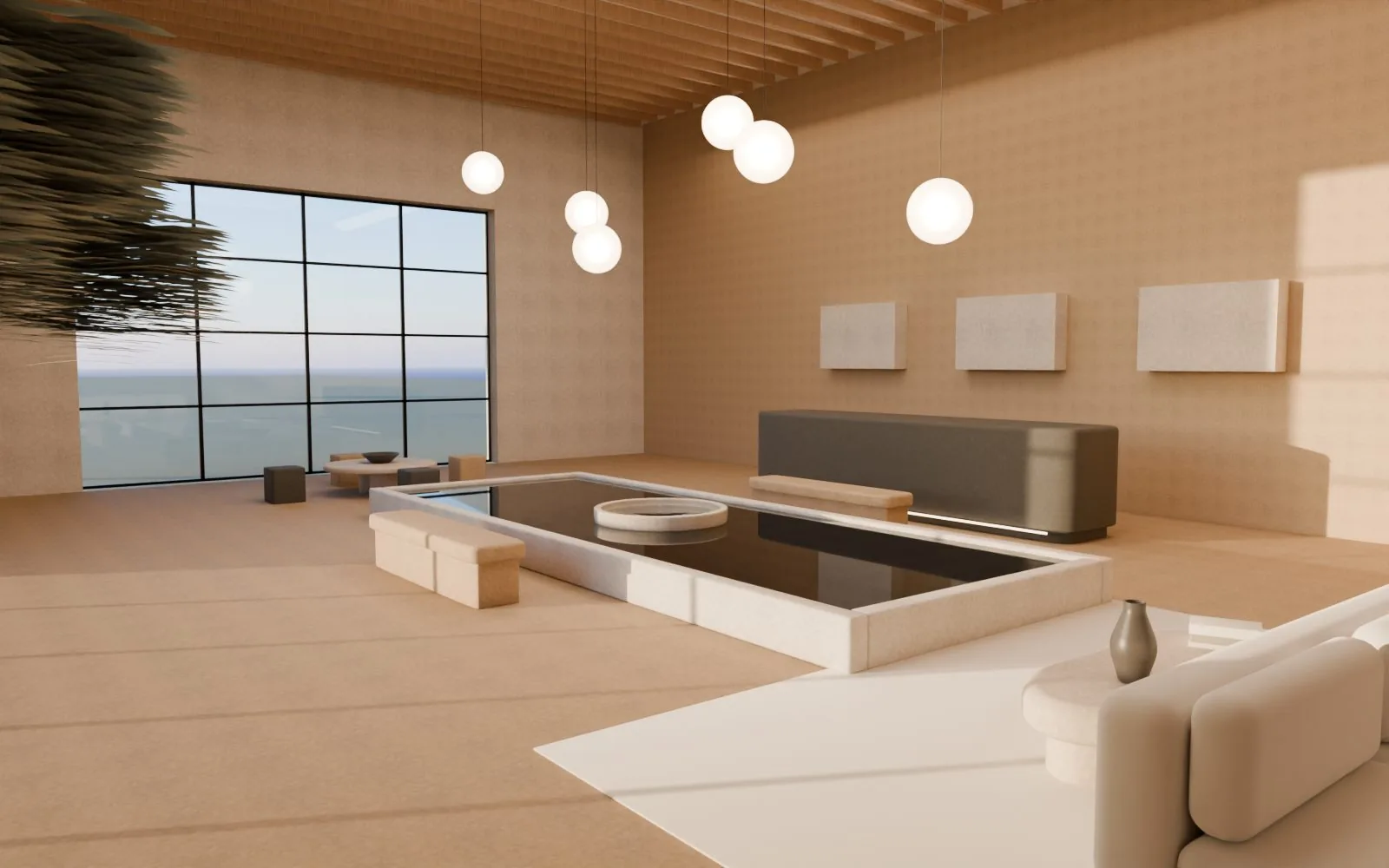 Rendered lobby with handmade mineral-finish benches around a reflecting pool, under pendant lights.