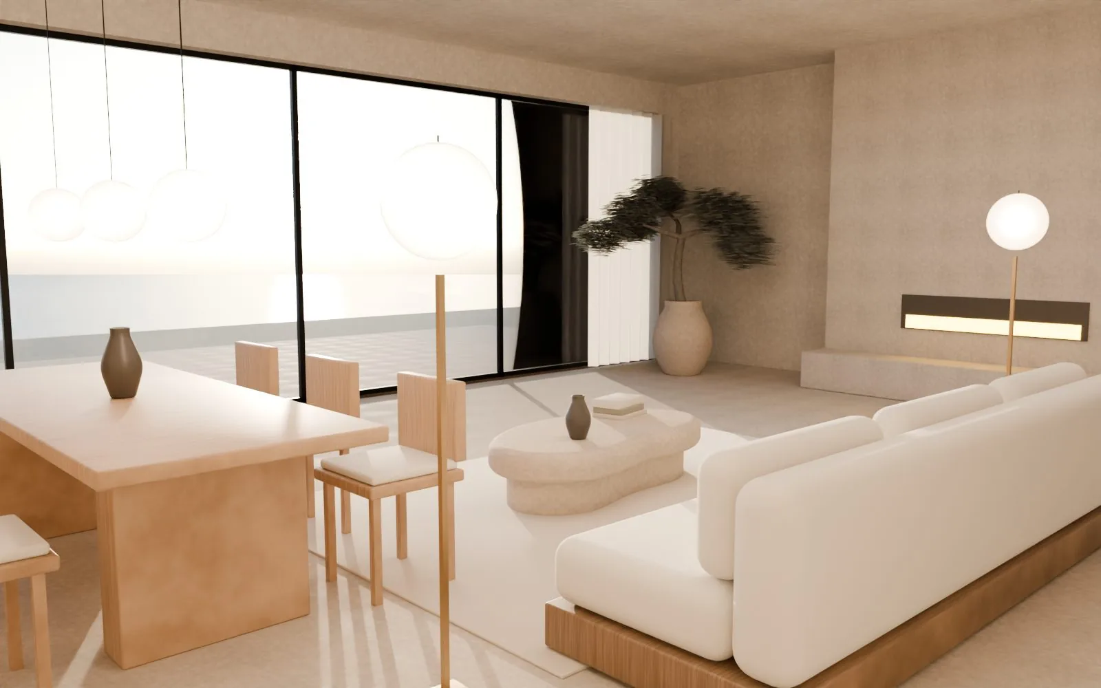Rendered living space with a sculpted low table and built-in seating in a warm mineral finish beside large windows.